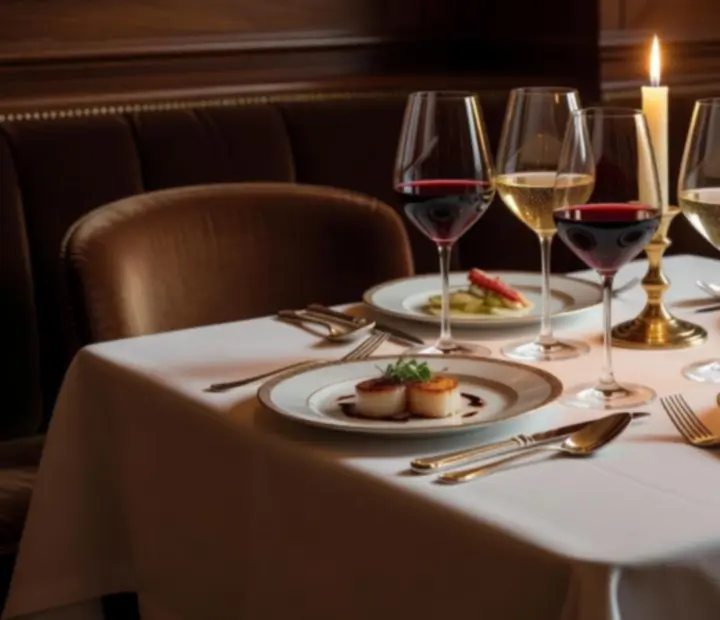 Table gastronomique dressée avec verres à vin, chandelles et nappage blanc