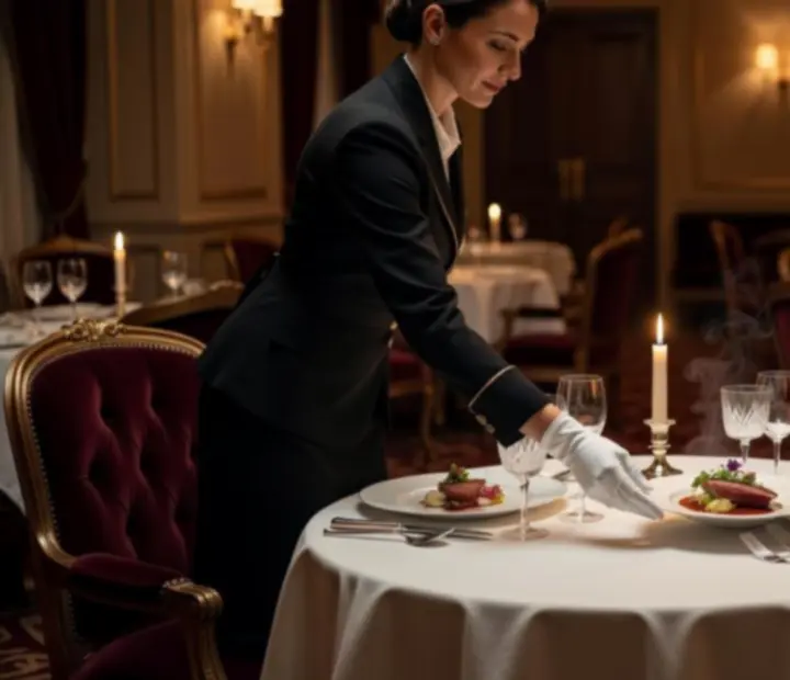 Service élégant d'une assiette gastronomique dans une salle raffinée